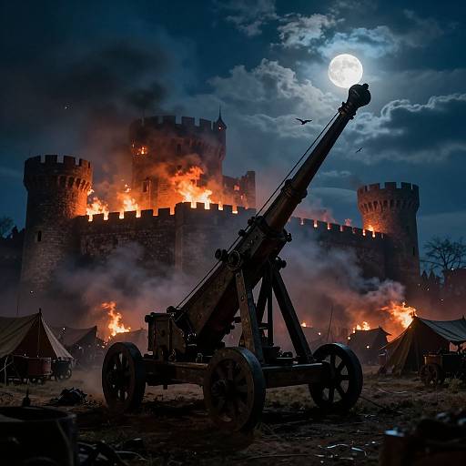 Medieval Siege with Catapult at Night