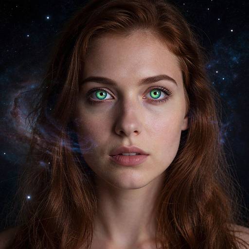 Photograph of a young woman with striking green eyes, pale skin, and long brown hair, set against a starry, cosmic background.