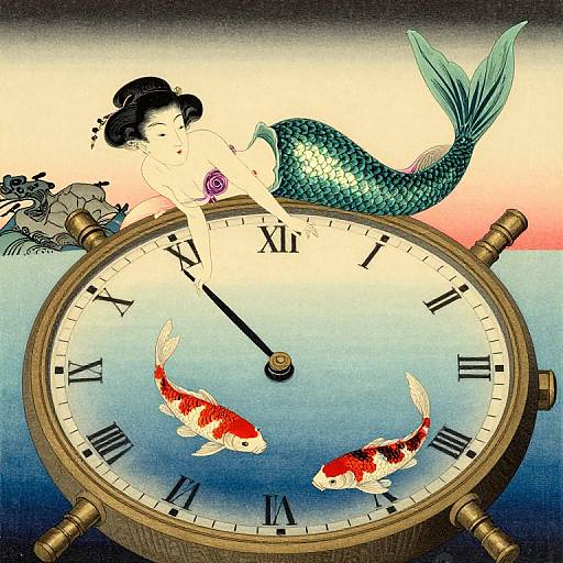 Digital artwork: Mermaid with green scales and black hair sits on a clock, with two red and white koi fish in the water below. Clock
