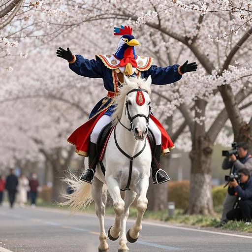 Person in bird costume riding white horse under cherry blossoms