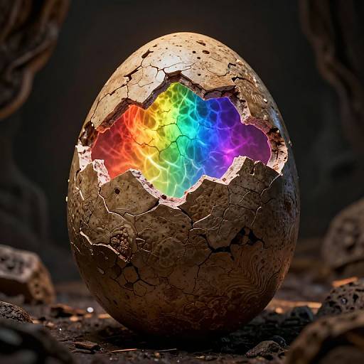 Photograph of a cracked, brown eggshell with vibrant rainbow light glowing from inside, set against a dark, rocky background.