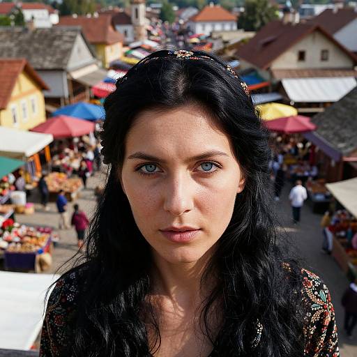 Photograph of a fair-skinned woman with long black hair, blue eyes, wearing a sparkly top, standing in a vibrant, bustling outdoor market