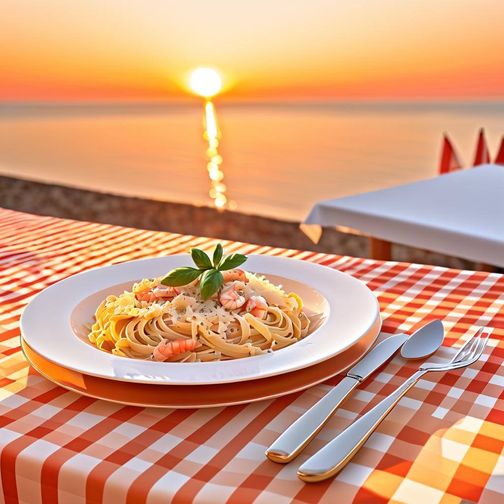 Elegant Sunset Seafood Linguine Setting