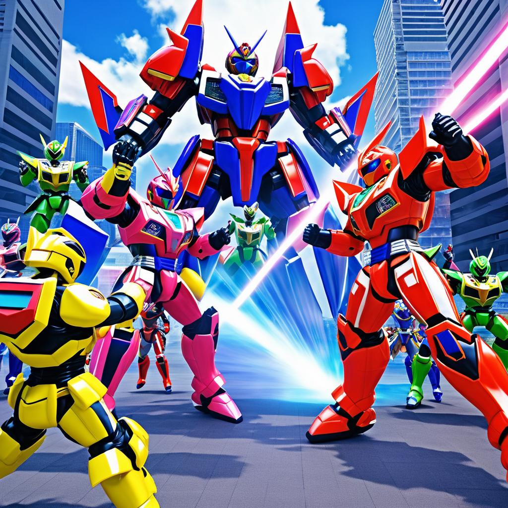 Dynamic Battle with Giant Robot in Tokusatsu Style