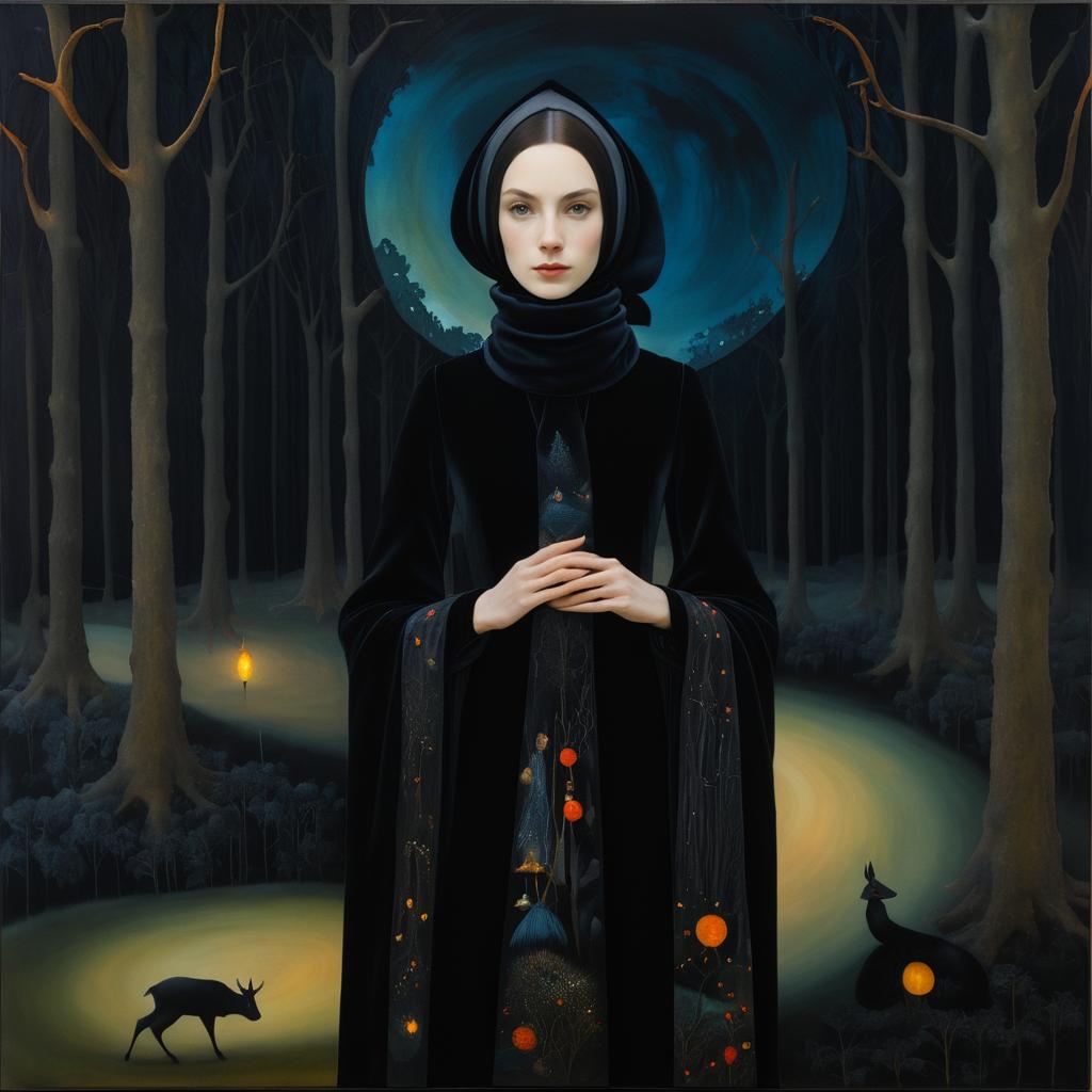 Mystical Woman in Nighttime Forest