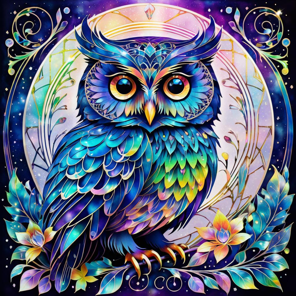 Iridescent Art Nouveau Owl Composition