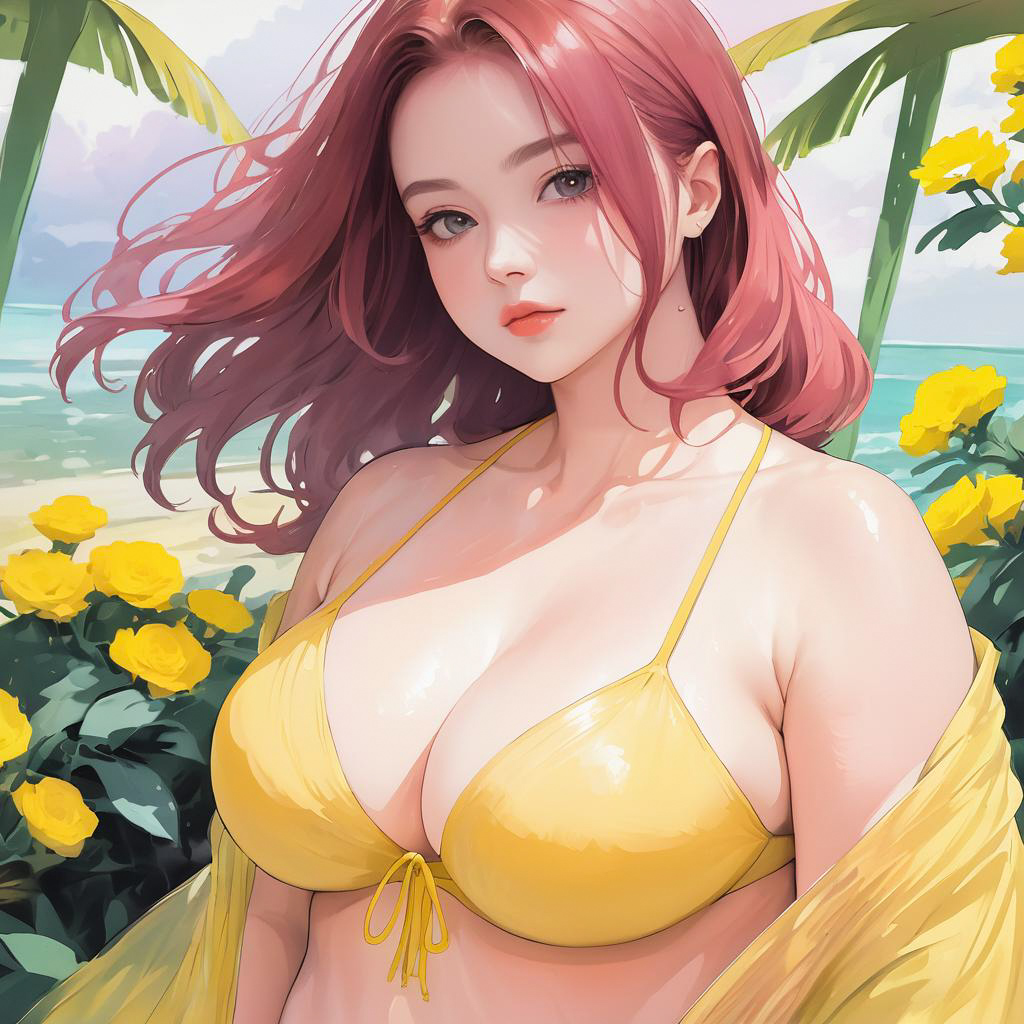 Ghibli-Style Blushing Woman in Bikini