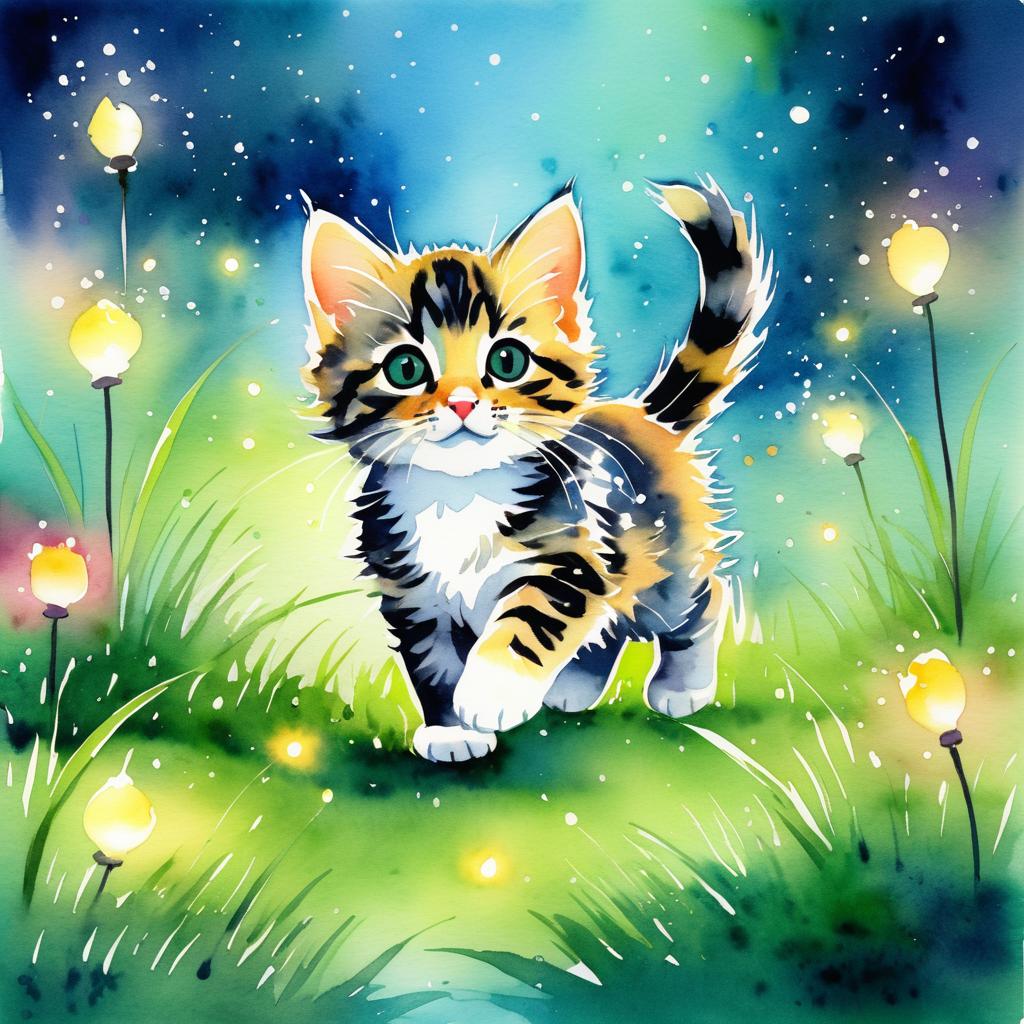 Playful Kitten Chasing Fireflies Illustration