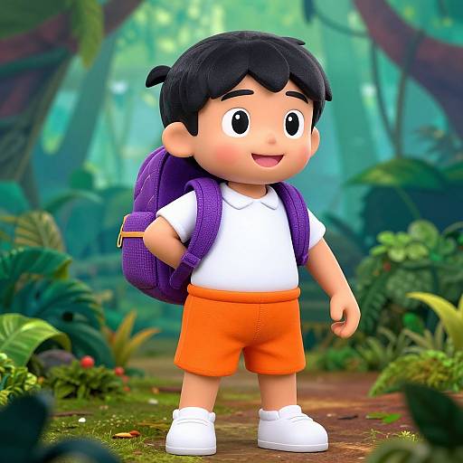 Cartoon-style image of a smiling young boy with black hair, wearing a white shirt, orange shorts, white shoes, and a purple backpack, standing