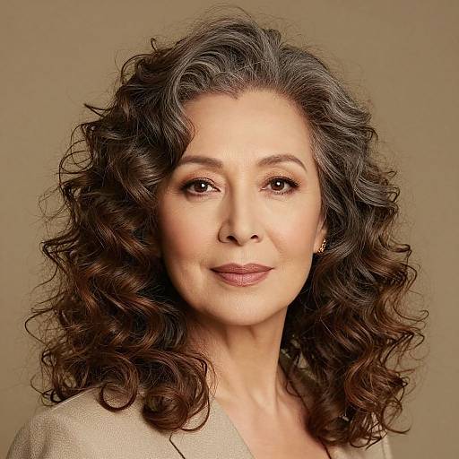 Photograph of a middle-aged woman with curly dark brown hair, light brown skin, subtle makeup, and a neutral expression, wearing a beige top against