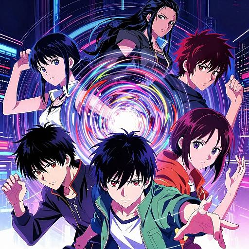 Anime-style digital illustration of six youthful characters with varied hairstyles and clothing, forming a dynamic circle with vibrant, glowing rings in a futuristic background.