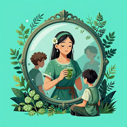 Digital illustration of a serene woman with a flower in her hair, reflected in an ornate mirror, holding a green drink, surrounded by plants, with