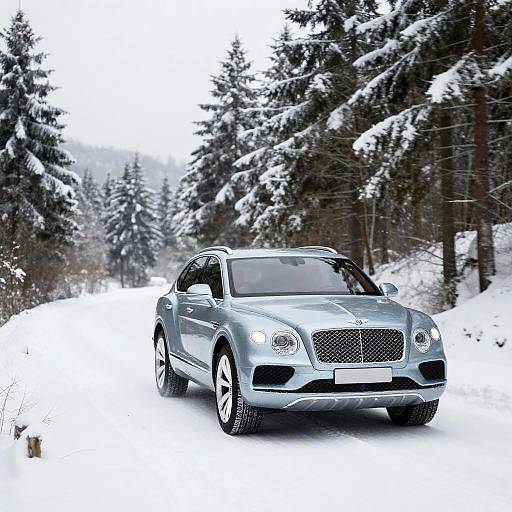 Driving Bentley Bentayga Through Snowy Pines