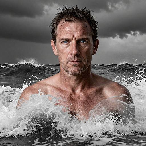 Photograph of a muscular, shirtless man with wet, disheveled brown hair, intense blue eyes, and tanned skin, standing in turbulent