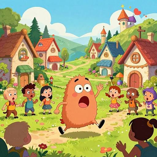 Colorful cartoon village scene: fuzzy orange alien excitedly runs towards diverse children in front of whimsical, red-roofed houses on a sunny hill