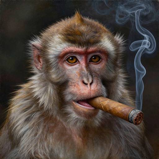 Photorealistic digital painting of a smoking monkey with a cigar, brown fur, red face, and intense eyes against a dark background.