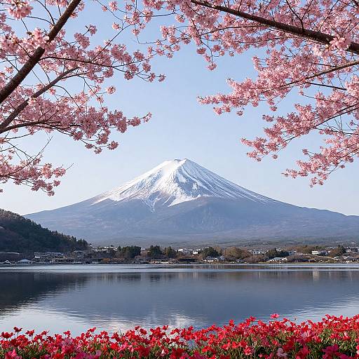 Photograph of a serene lake with a snow-capped mountain, framed by pink cherry blossoms and vibrant red flowers in the foreground.