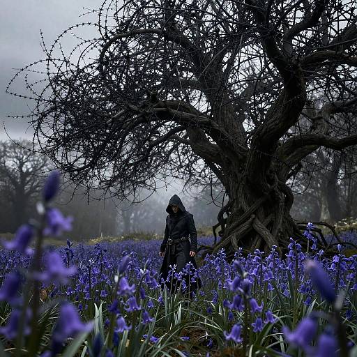 Mysterious hooded figure in dark cloak stands amid misty, blue-purple field of flowers beneath a gnarled, leafless tree. Photograph.
