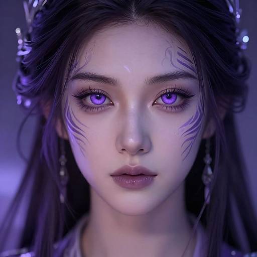 Digital portrait of a young woman with glowing purple eyes, dark hair, and intricate blue patterns on her face, set against a blue-lit background.
