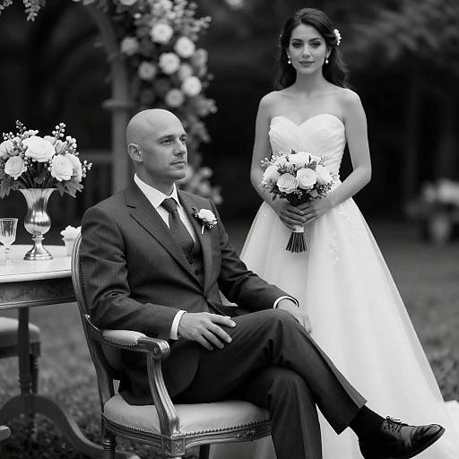 Black-and-White Wedding: Seated Groom, Standing Bride
