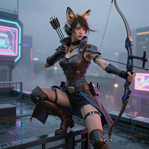 Fox-Eared Cyberpunk Archer on Rooftop