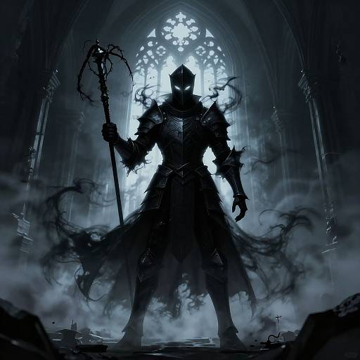 Digital artwork of a dark, armored figure with a glowing mask, holding a staff, standing in a misty, gothic cathedral.