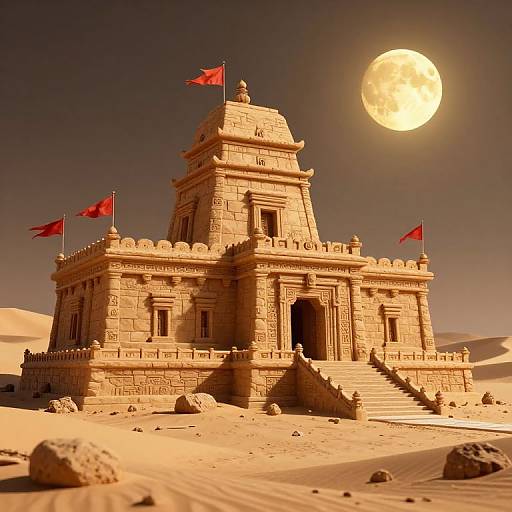 Photograph of a sandstone temple with red flags, surrounded by a desert, under a bright full moon. The temple's intricate architecture contrasts with the