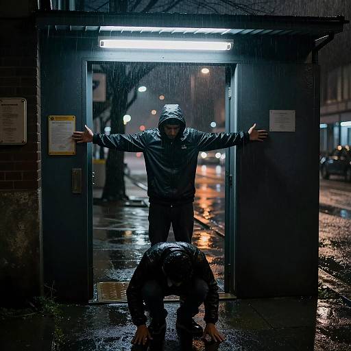 Night Rain Street Scene with Men in Doorway