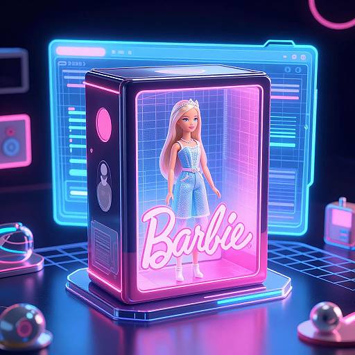 Neon-lit digital image of Barbie on a glowing cube screen with 