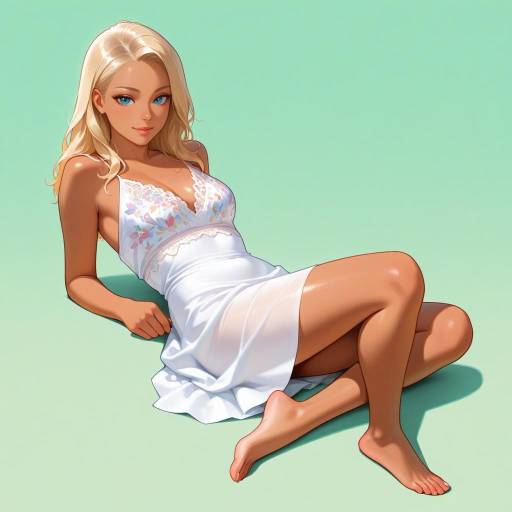 Blonde Woman in White Lace Dress Lying on Floor