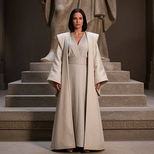 Photograph of a serious, dark-haired woman in a white, textured, V-neck robe and long skirt, standing in front of a stone statue on