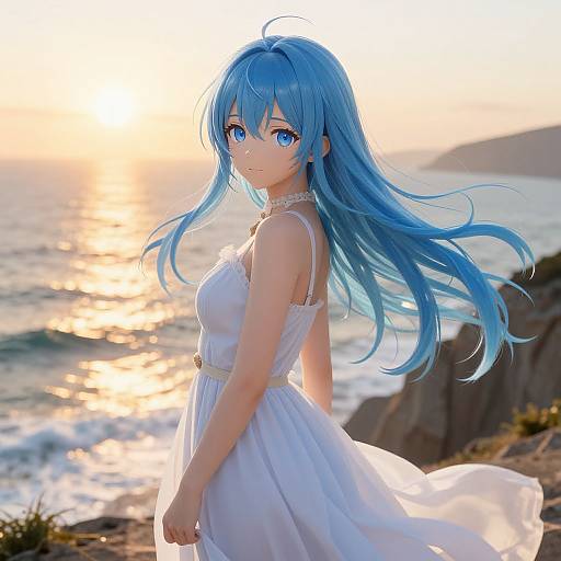 Digital anime-style artwork of a blue-haired girl with vibrant blue eyes, wearing a white sundress, standing on a rocky beach at sunset with the sun