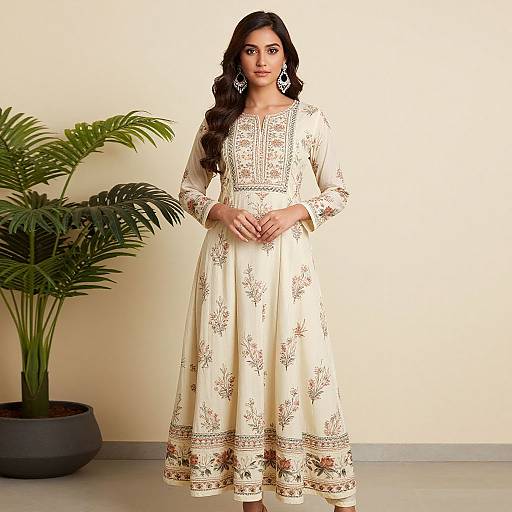 Photograph of a South Asian woman with long black hair, wearing an ornate white traditional Pakistani kameez, standing against a beige wall with a