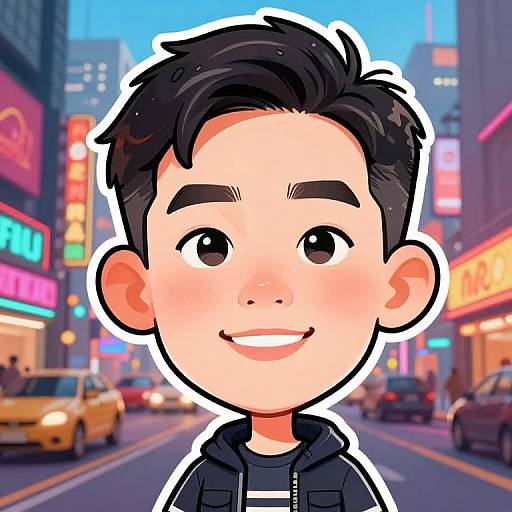 Digital illustration of a smiling Asian boy with black hair, cartoon-style, in front of a bustling, neon-lit urban street.