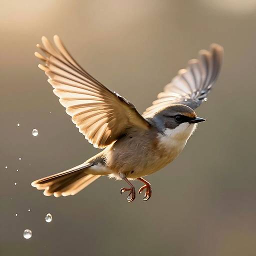 Photograph of a small, brown and white bird with black head markings, wings spread wide, flying mid-air, with droplets of water in the