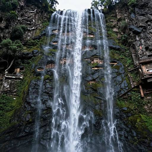 Photograph of a tall, multi-tiered waterfall cascading down a rocky cliff with small wooden cabins nestled among greenery.