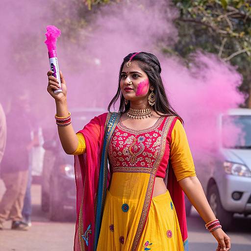 Woman Celebrating Holi with Pink Smoke