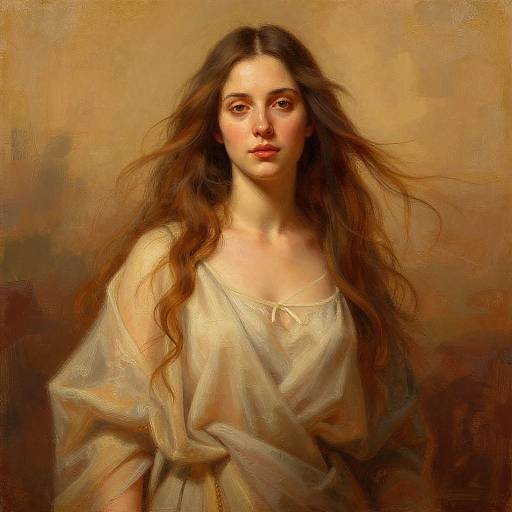 Digital painting of a beautiful young woman with long, wavy brown hair, fair skin, and soft brown eyes, wearing a loose, off-should