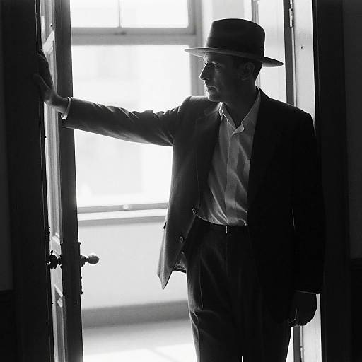 Silhouetted photograph of a man in a suit and fedora, standing in a brightly lit doorway, right arm extended. High-contrast black