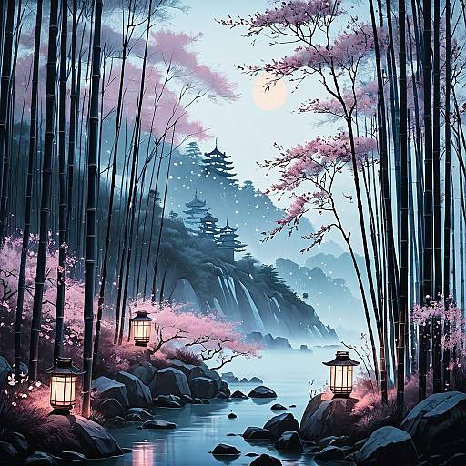 Serene Bamboo Forest with Lanterns and Sakura Blossoms