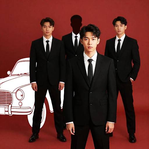 Dapper Men in Suits Against Red Background