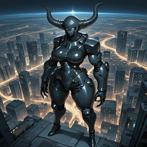 Futuristic Horned Robot Overlooking Cityscape