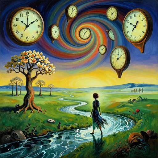 Digital painting: surreal landscape with swirling clocks, winding river, silhouetted figure, colorful sky, tree with glowing fruits, vibrant, dreamlike