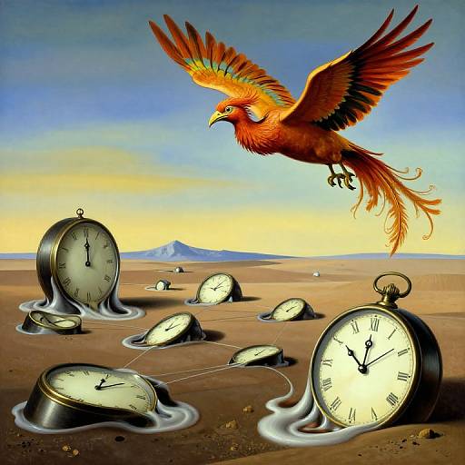 Digital surreal artwork: A vibrant red phoenix with outstretched wings flies over a desert landscape with melting clock faces, a sunlit sky, and distant