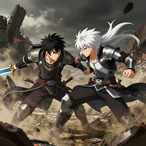 Intense Anime Battle on Ruined Battlefield