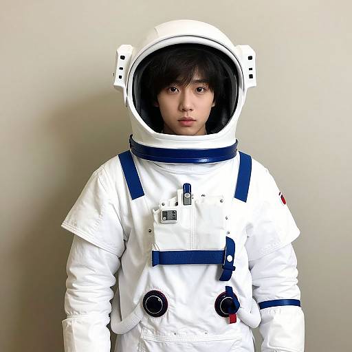 Photograph of an Asian person with short black hair wearing a white astronaut suit with a blue visor and straps, standing against a plain white background.
