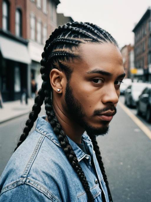 Man with Cornrow Braids on City Street