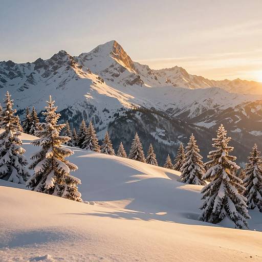 Golden Sunlit Snowy Mountain Landscape