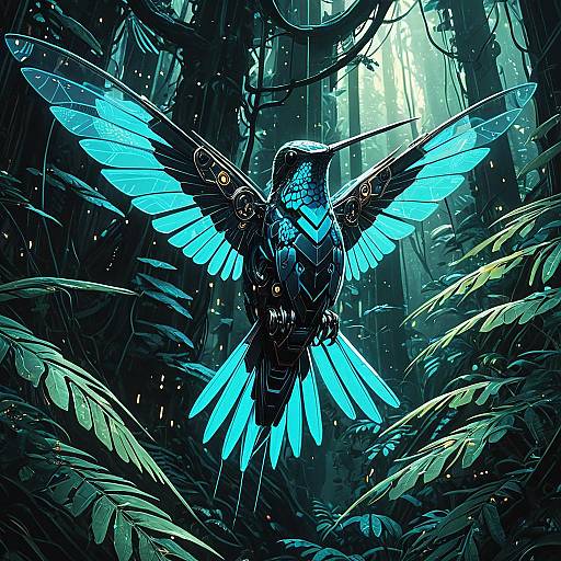 Bioluminescent Mech-Hummingbird in Tech Forest