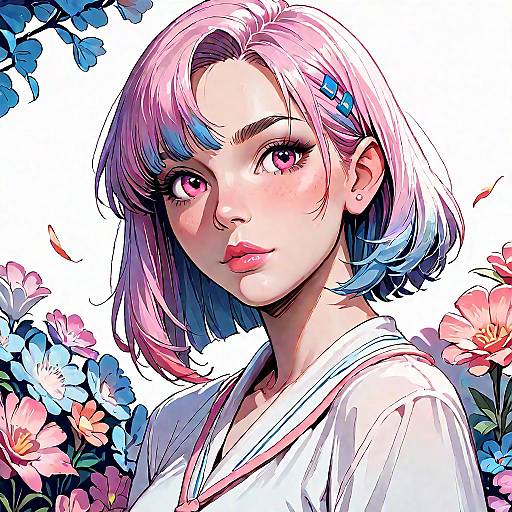 Anime Girl with Pink and Blue Hair Among Flowers